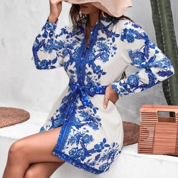 Boho Belted Floral Print shirt Mini Dress - blue - Picture 4 of 6